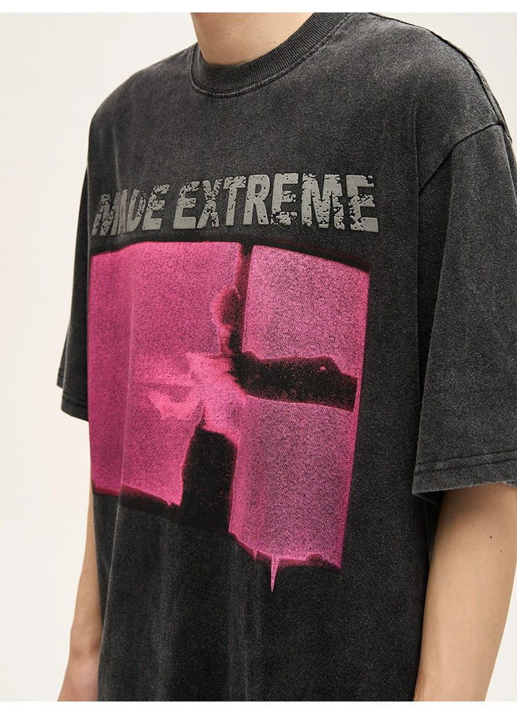 Acid Wash Graphic T-Shirt with Pink Print
