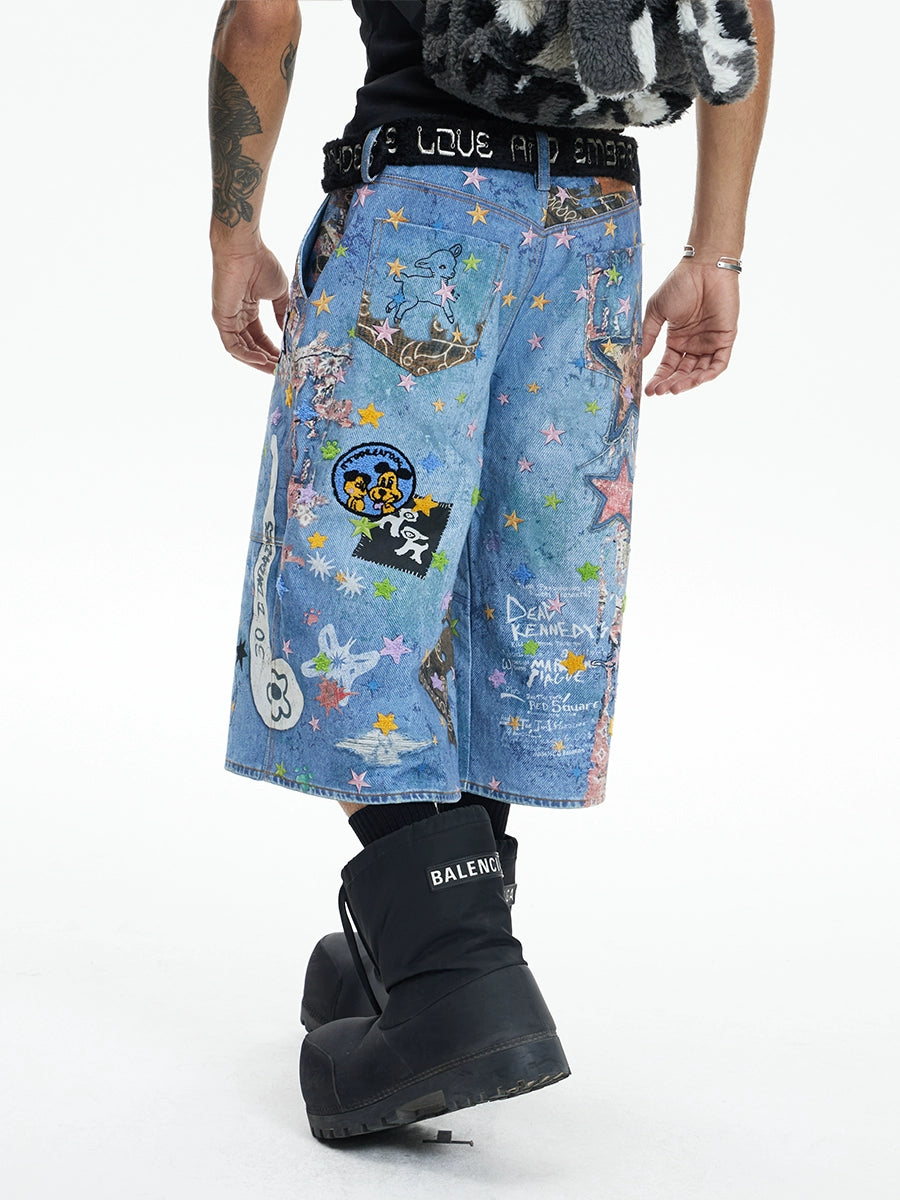 Graffiti Patchwork Denim Bermuda Shorts