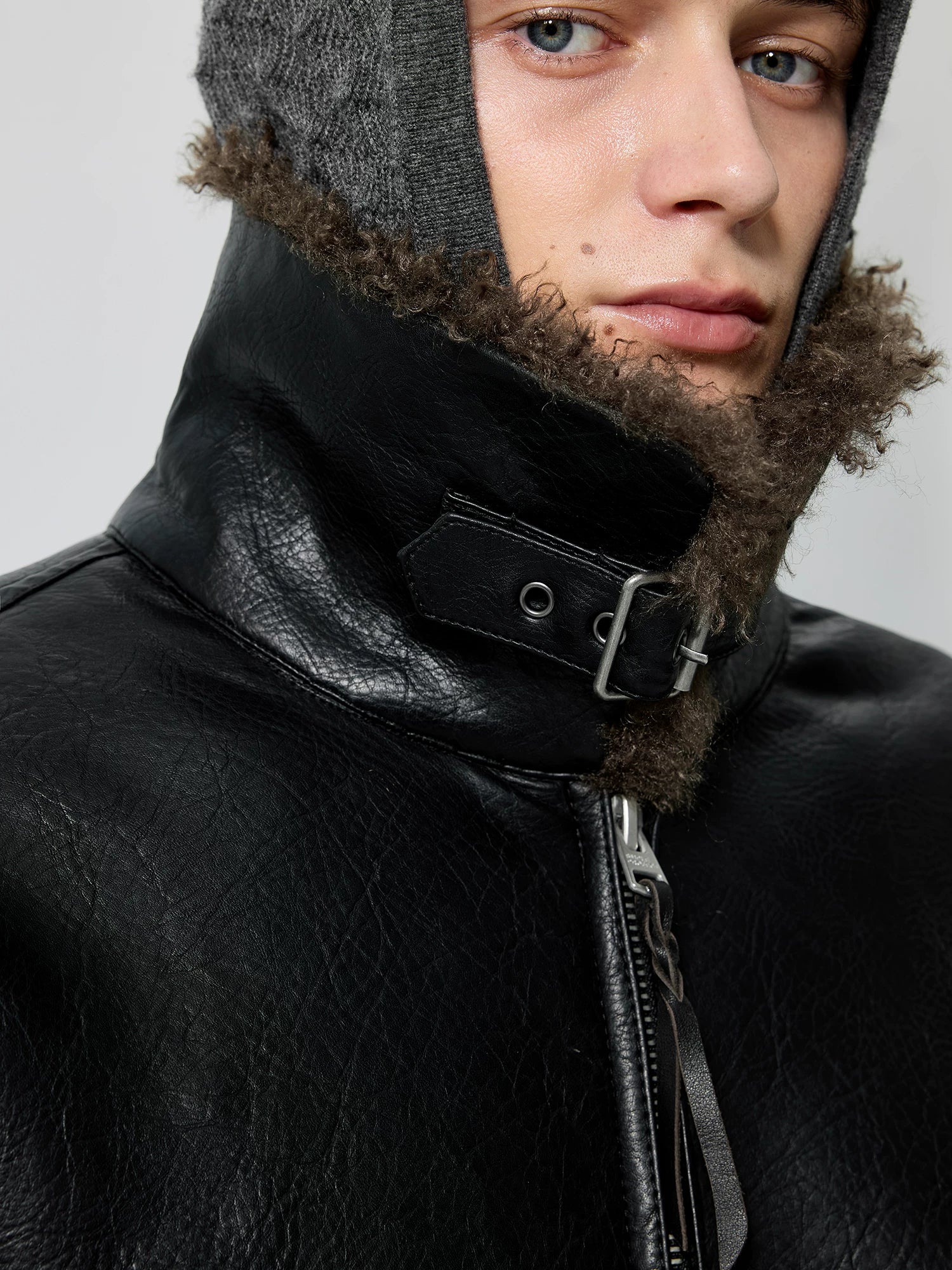 Oversized Faux Leather Jacket with Shearling Collar