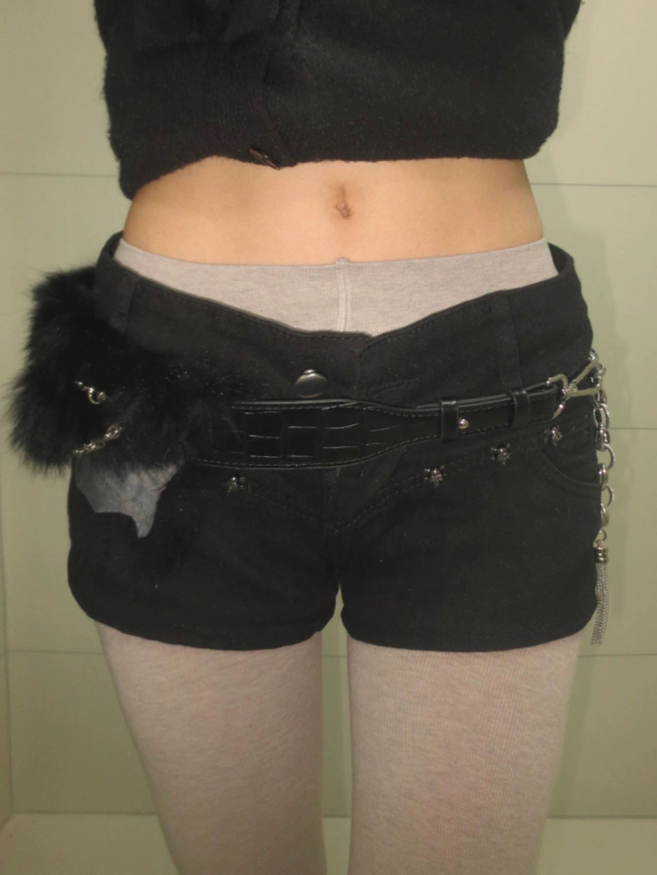 Black Rabbit Fur Crocodile Pattern Chain Belt