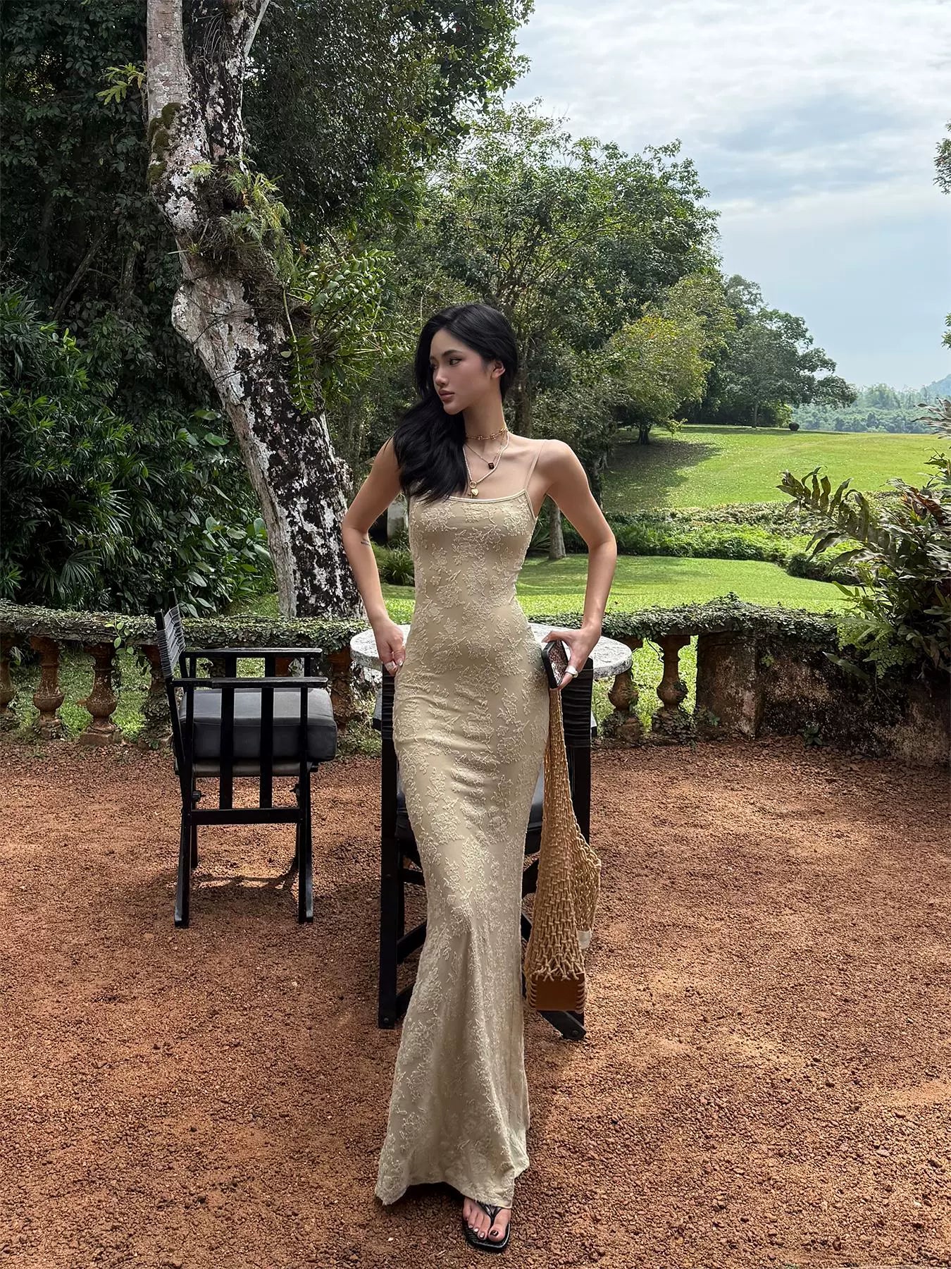 Beige Lace Mermaid Maxi Dress