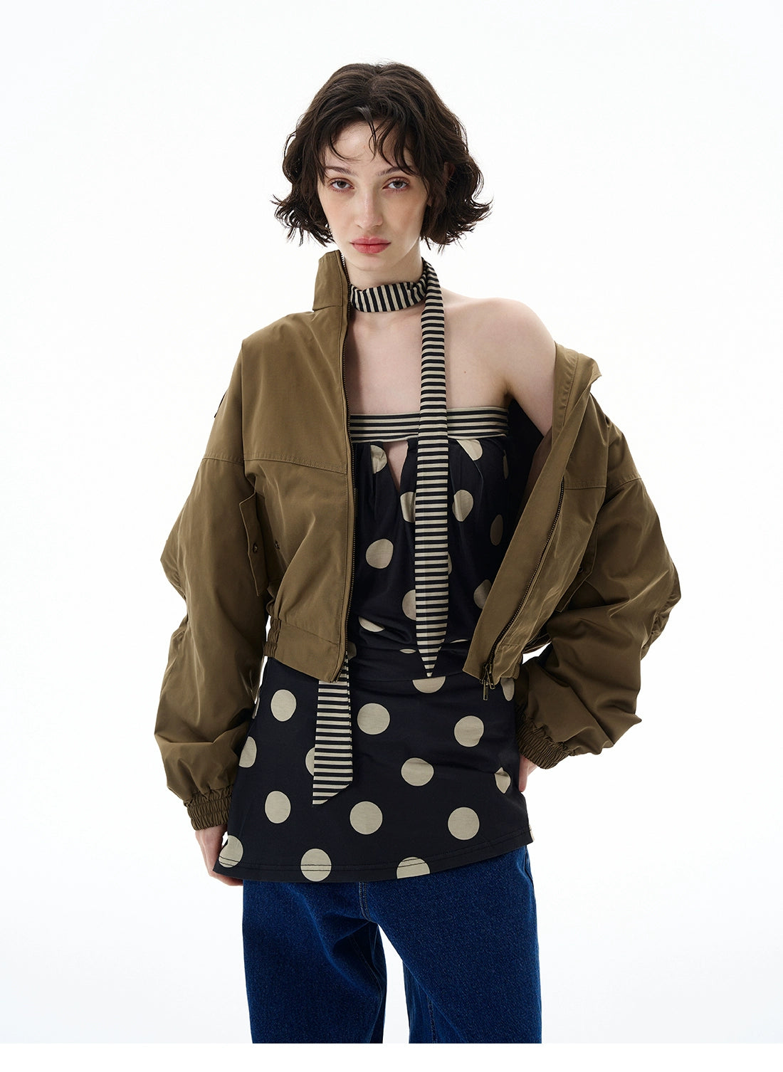Cropped Utility High Collar Bomber Jacket