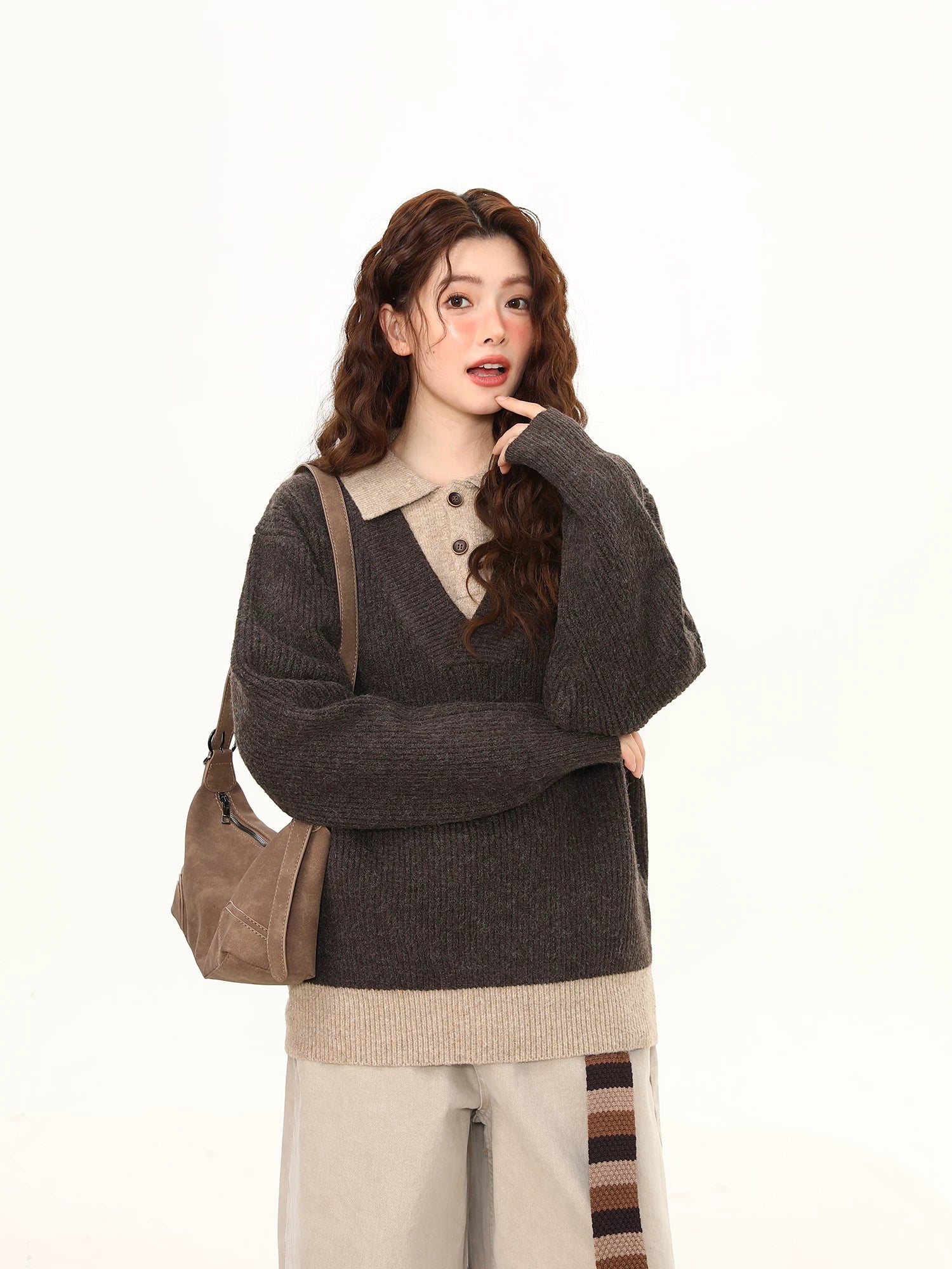 Mocha Layered Collar Knit Sweater