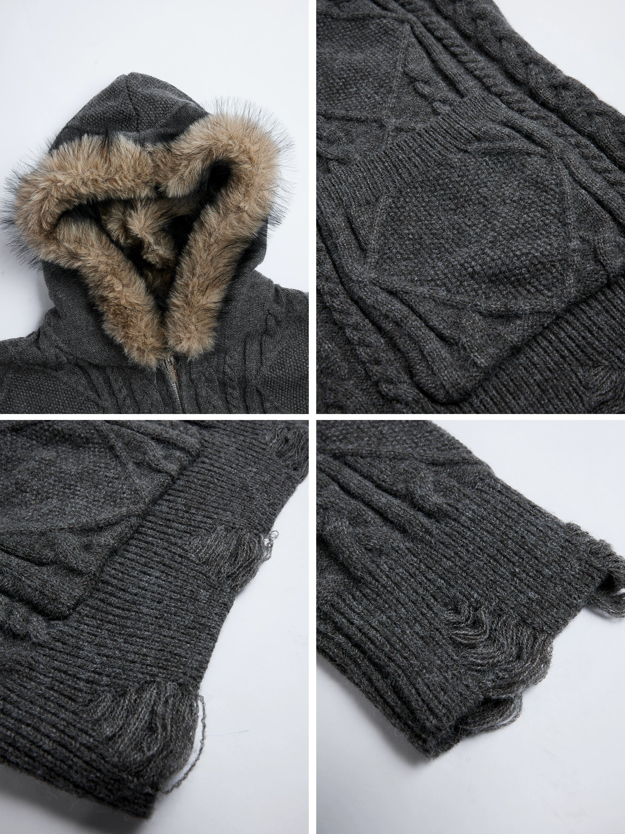 Faux Fur Hooded Cable Pattern Knit Zip Cardigans