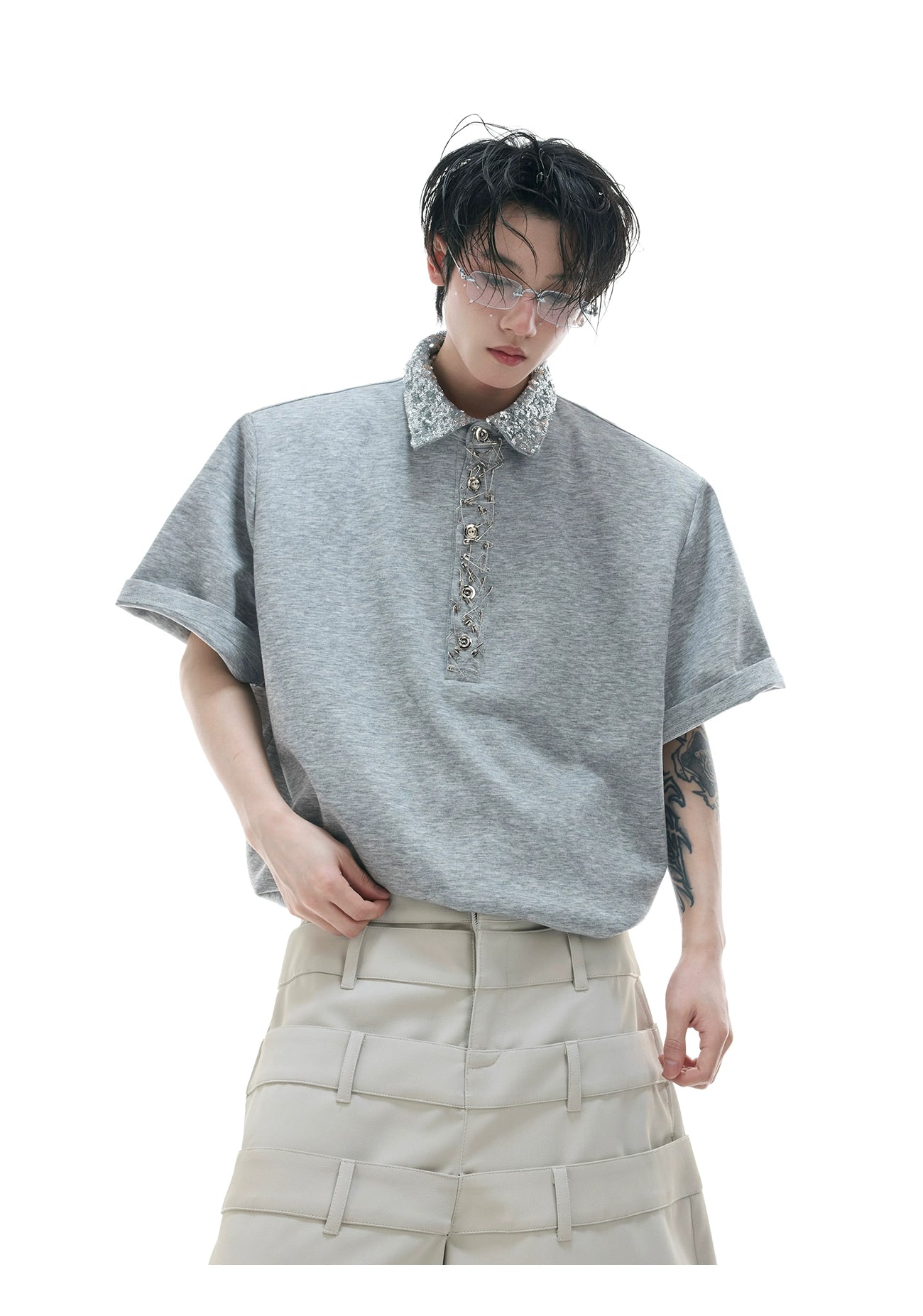 Grey Cotton Polo Shirt Short Sleeve