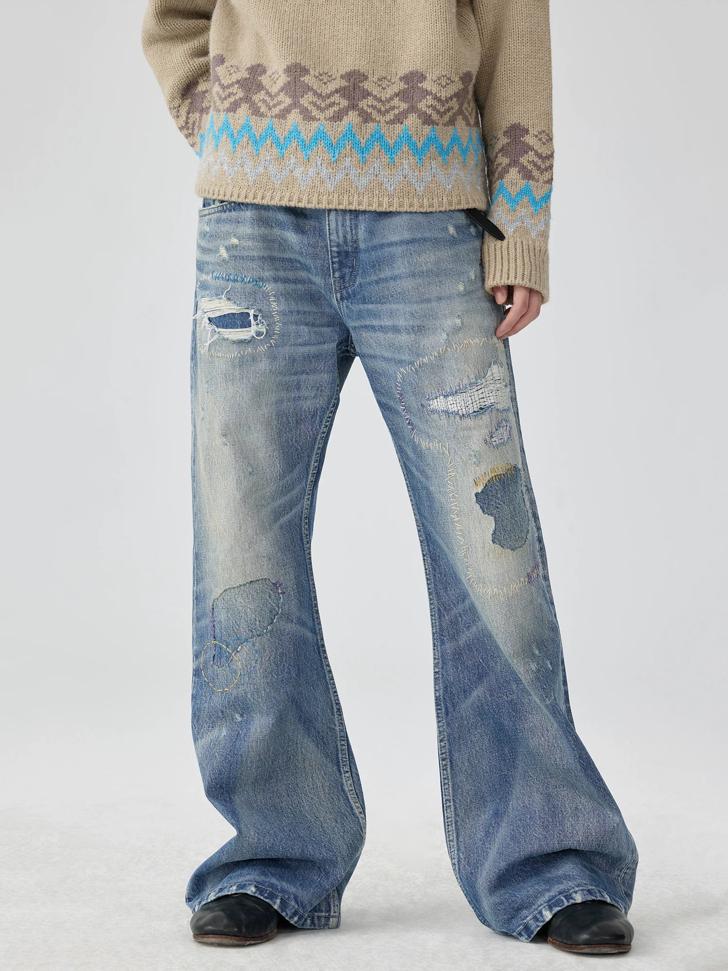 Distressed Patchwork Flared Jeans
