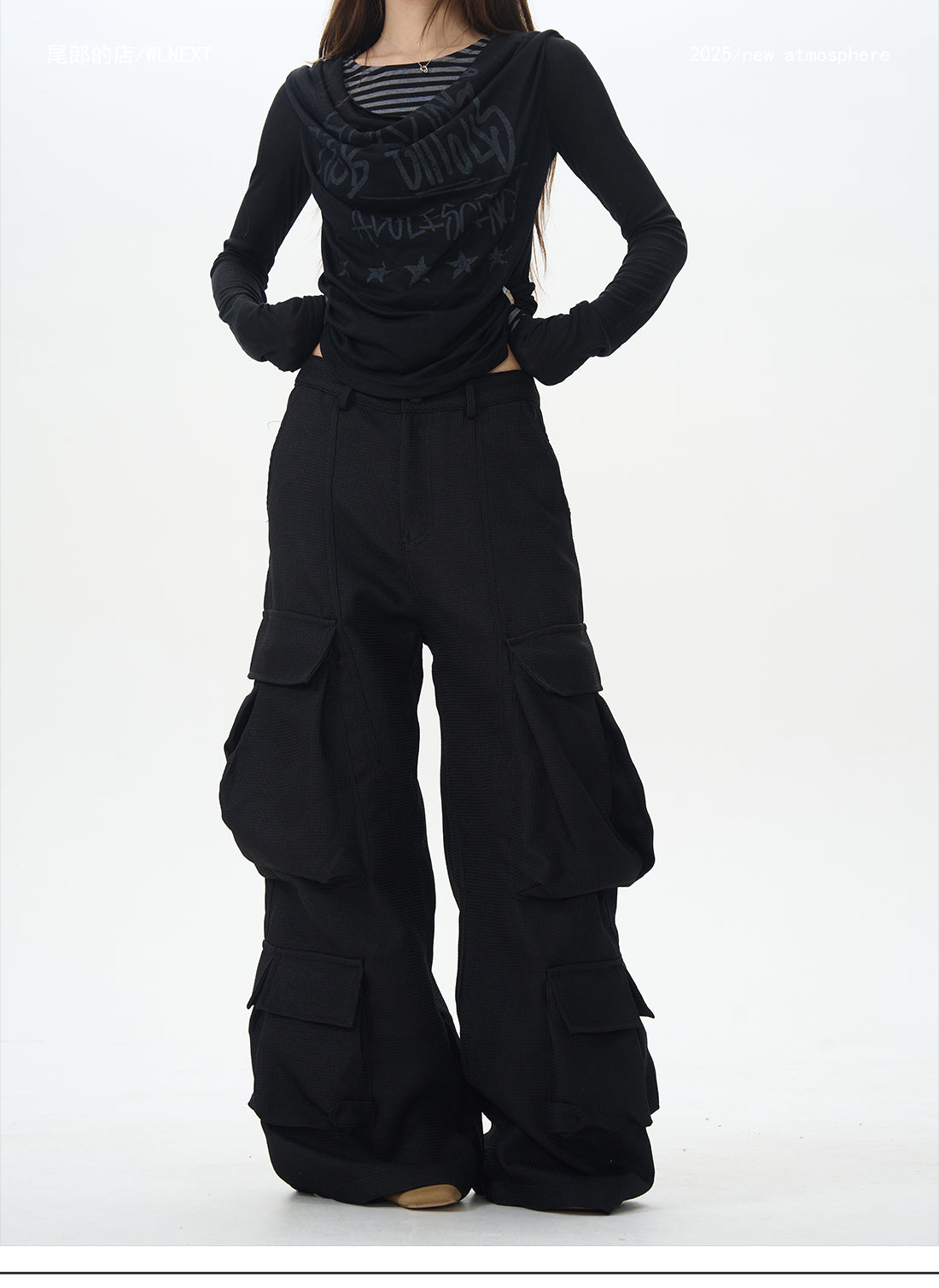 Black Wide Rave Cargo Pants