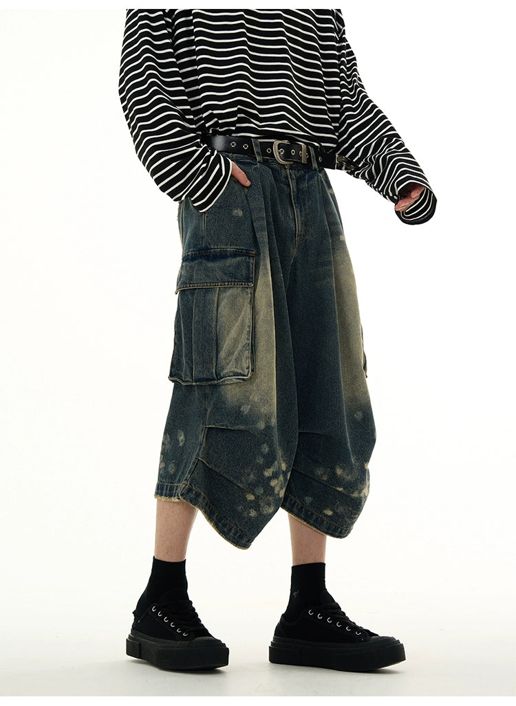 Bleached Wide-Leg Denim Cargo Shorts