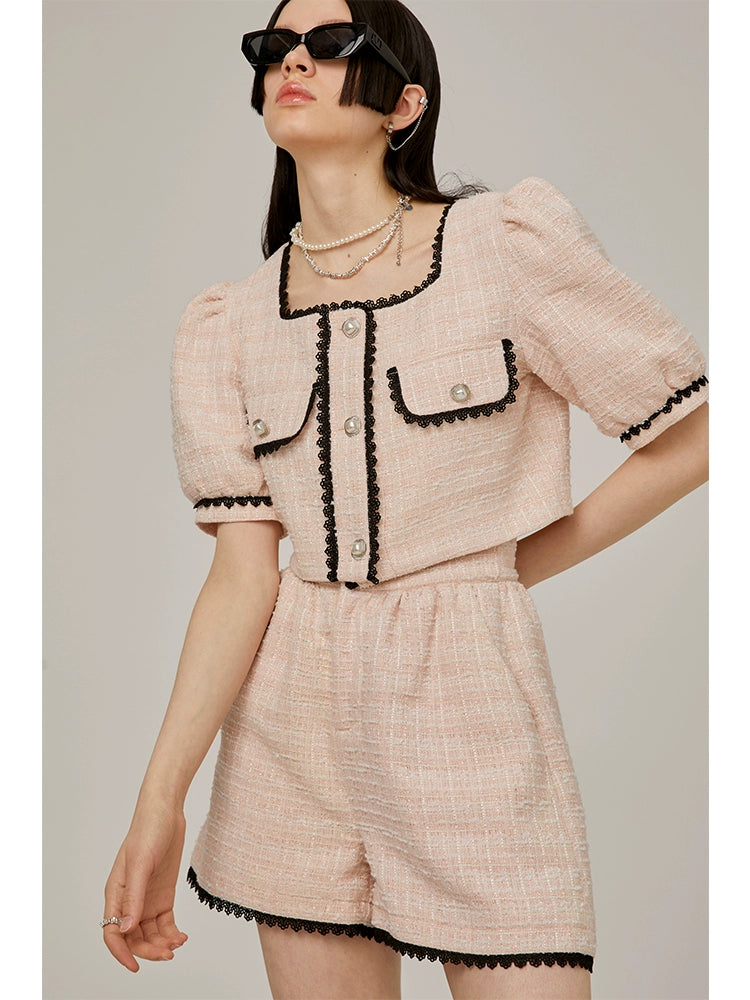 Tweed Short-Sleeve Blouse and Short Setup