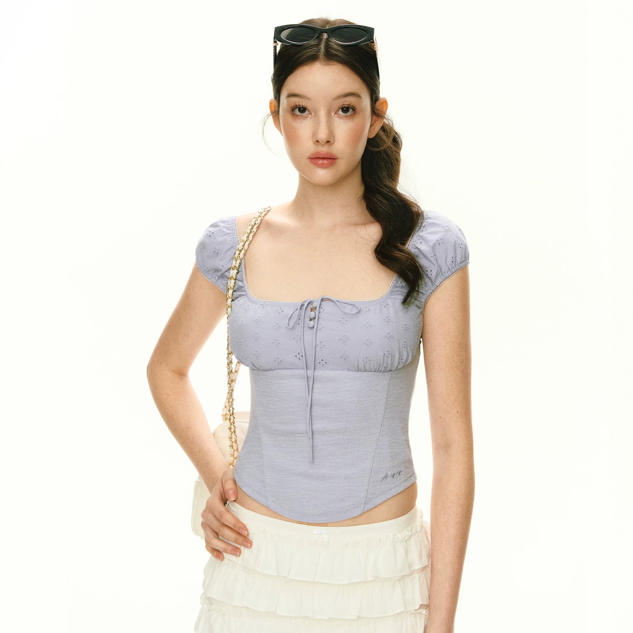 Eyelet Puff-Sleeve Corset Top