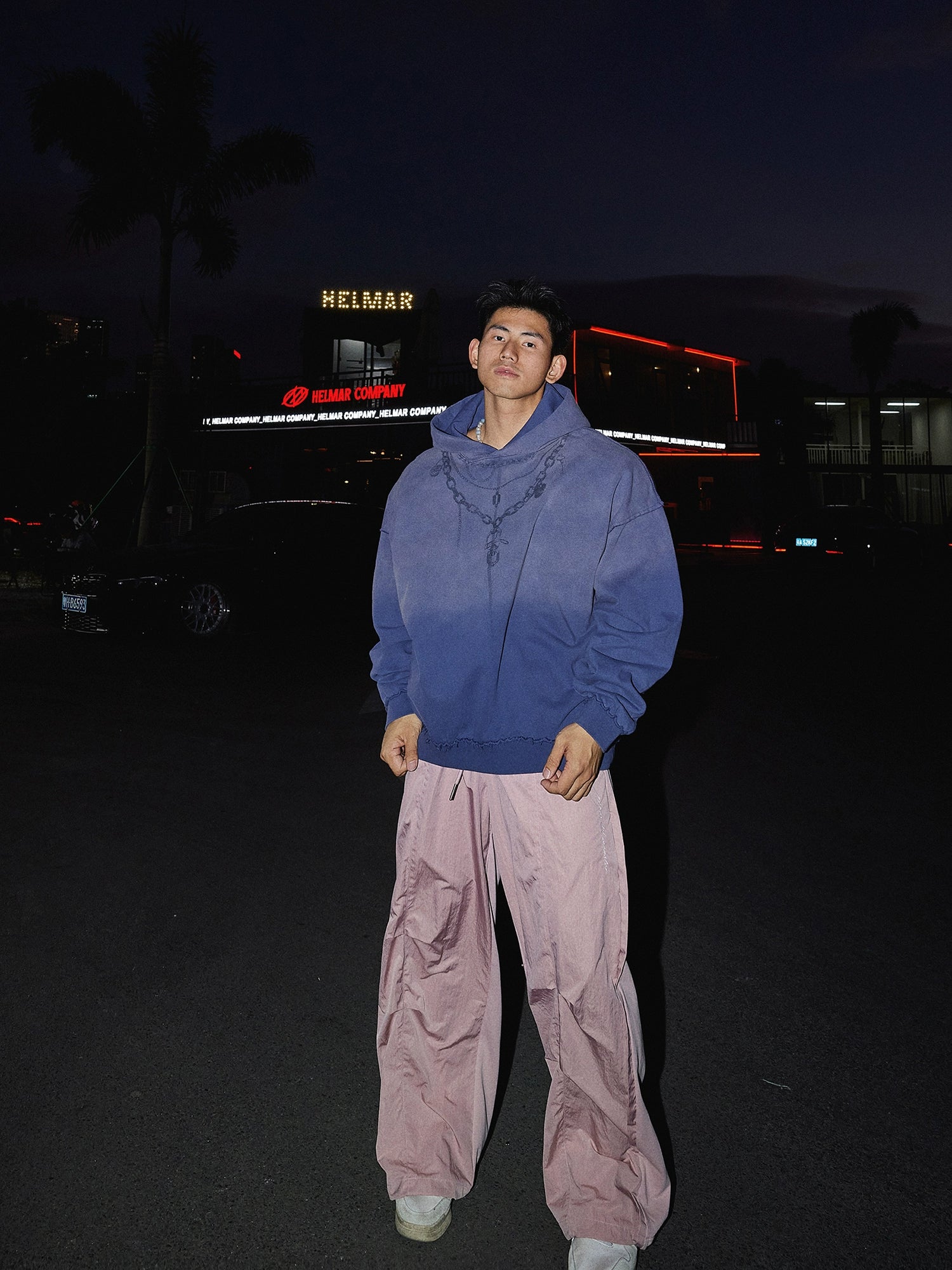 Oversized Faded Hoodie with Chain Print