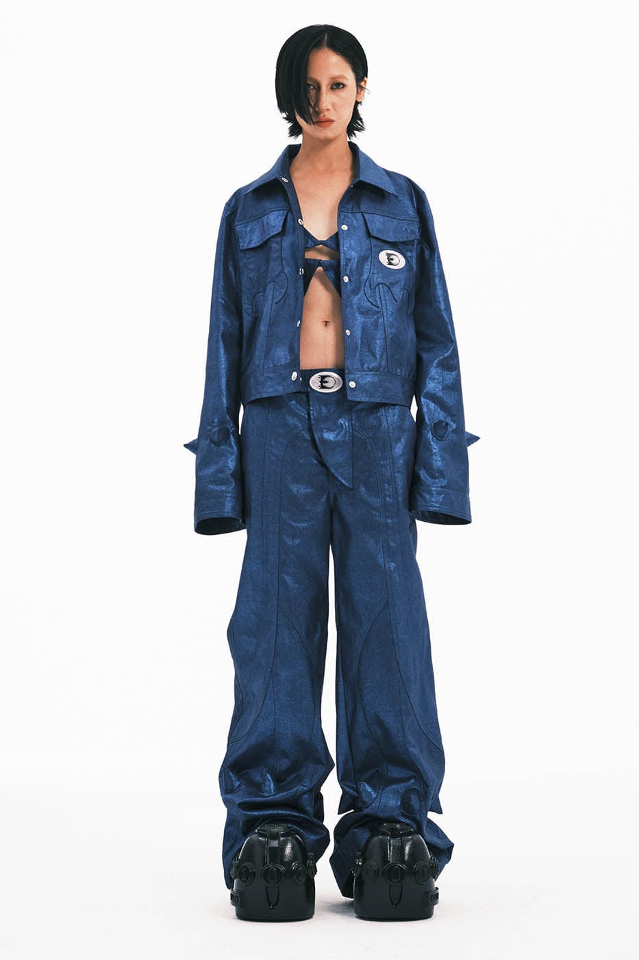 Embrio Metálico Diablo con cuernos Pantalones con paneles de pierna ancha azul