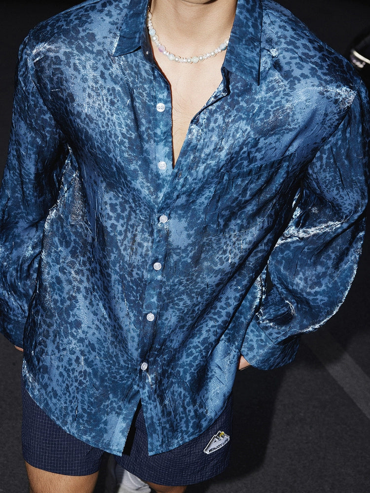 Navy Blue Shiny Leopard Print Button-Up Shirt