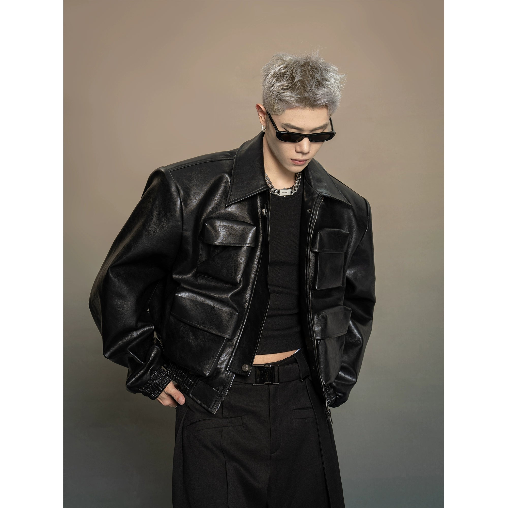 Boxy Faux Leather Cargo Pocket Jacket
