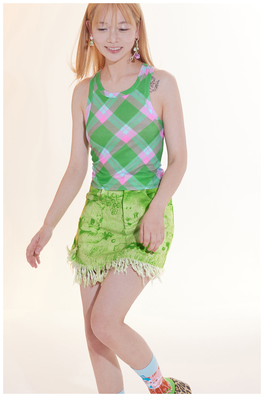 Puppy Print Frayed Denim Skirt