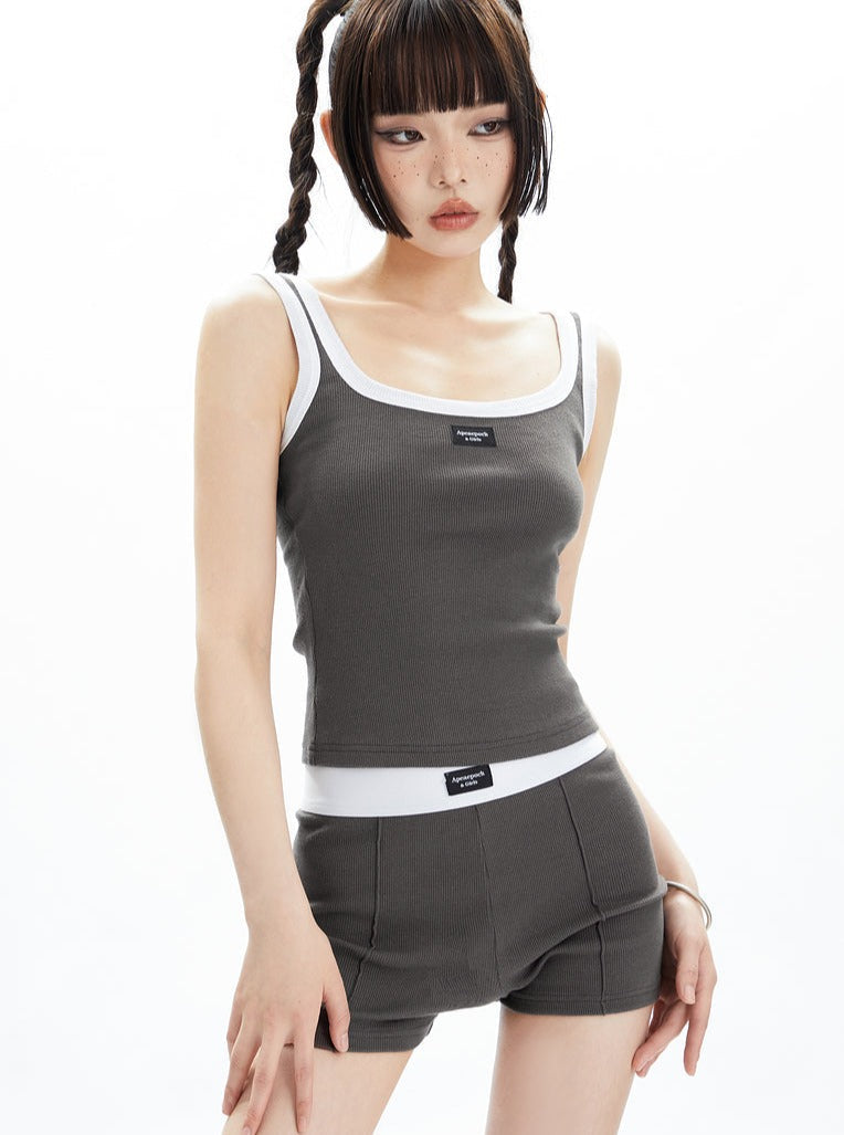 Black and White Contrast Trim Crop Top and Shorts Set