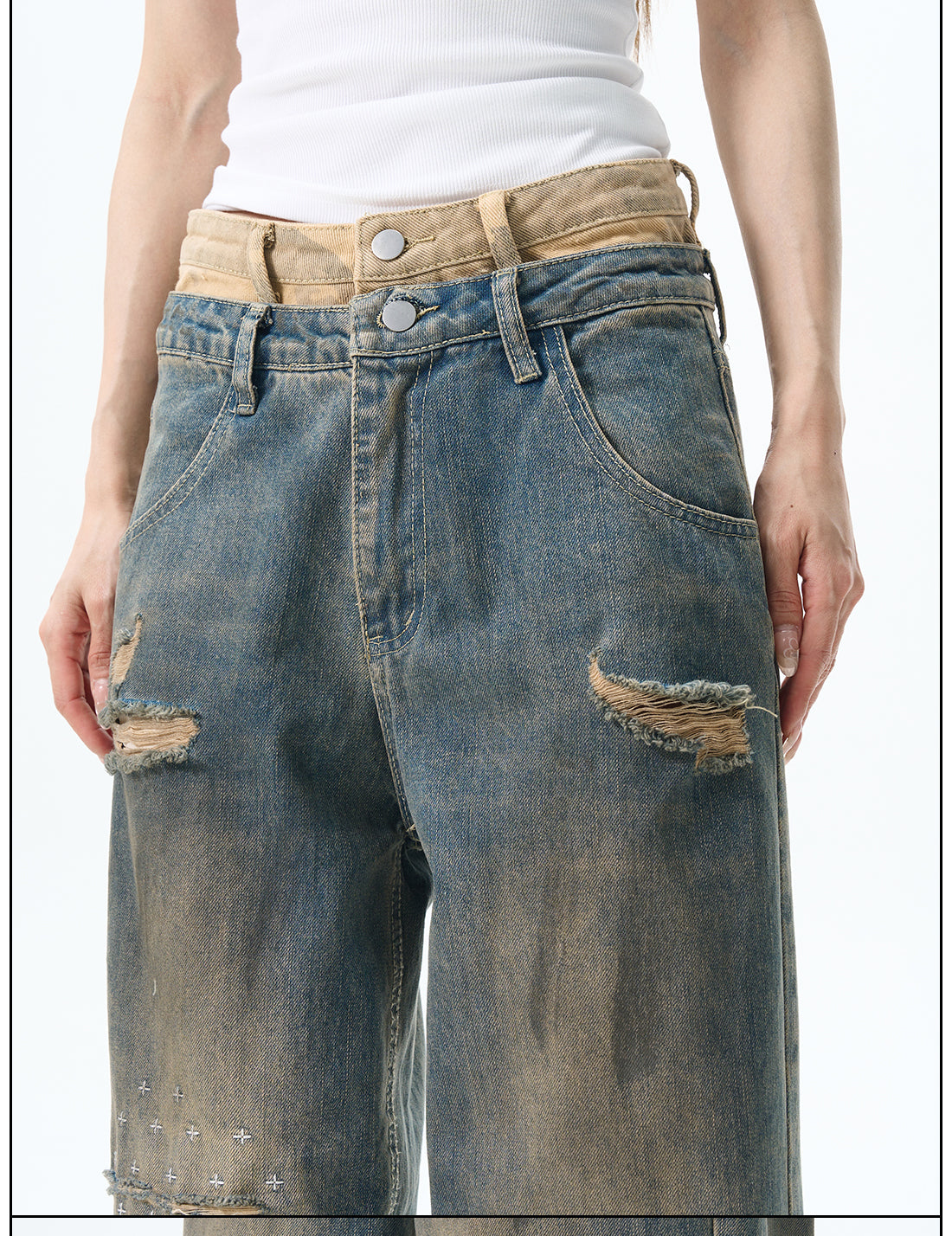 Heavily Distressed Wide Leg Cargo Jeans