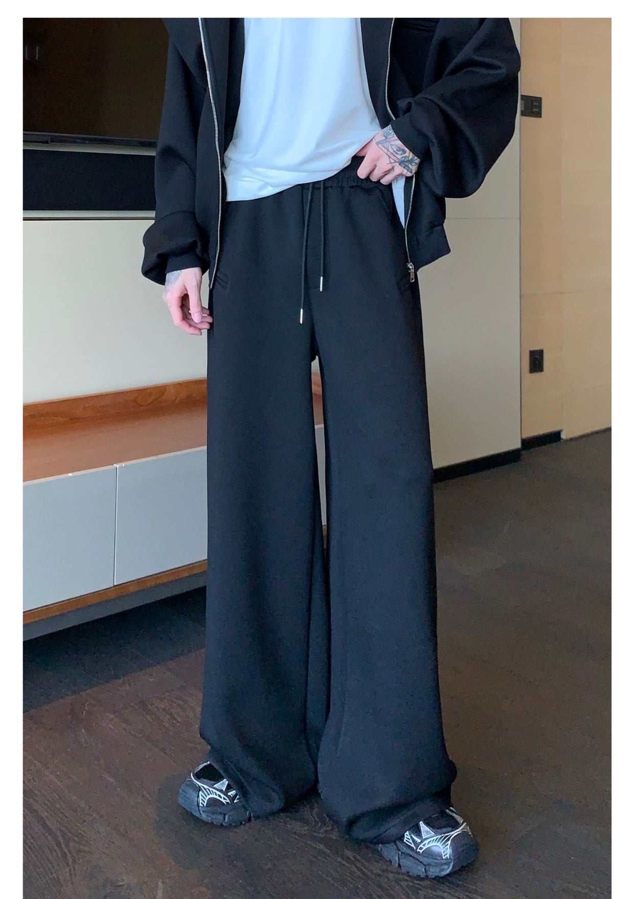 Shoulder-Padded Hoodie Jacket with Straight-Leg Pants Two-Piece Set