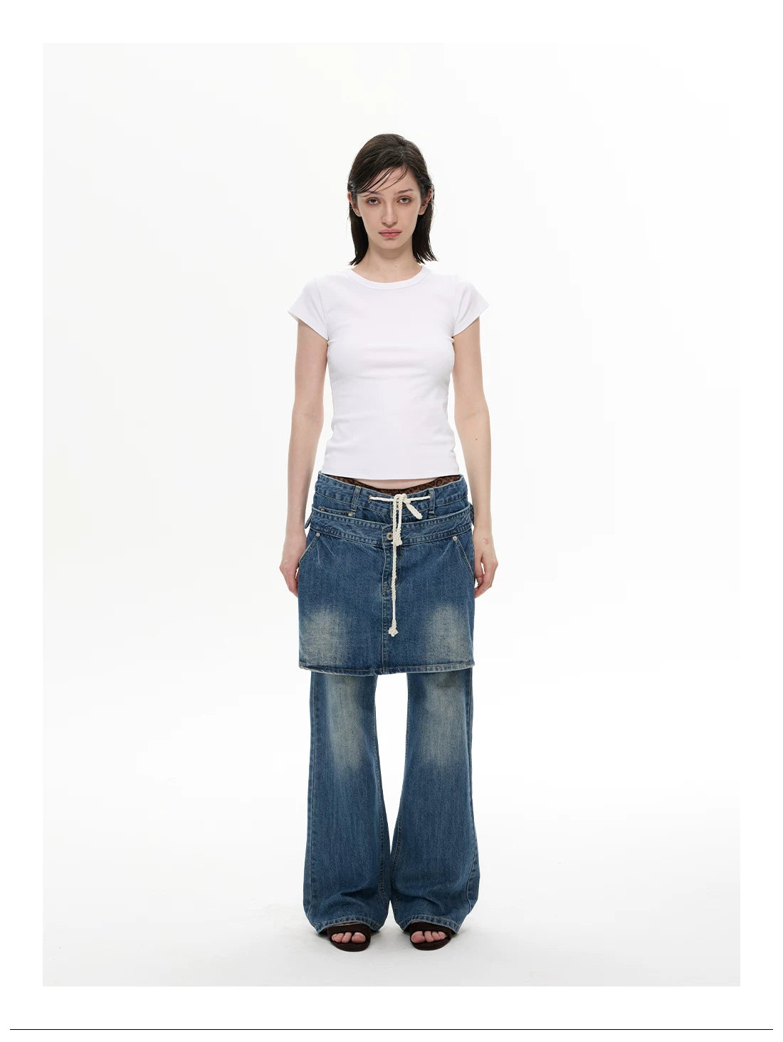 Rope Layer Denim Skirt‑Over Flare Jeans