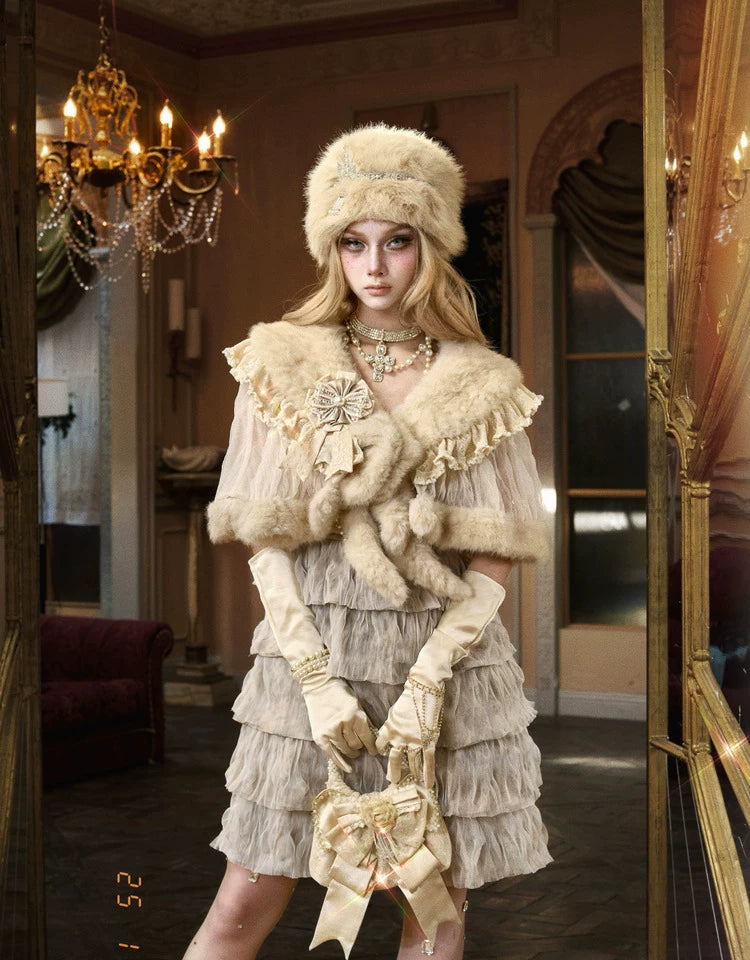 Ivory Faux Fur Lace Capelet