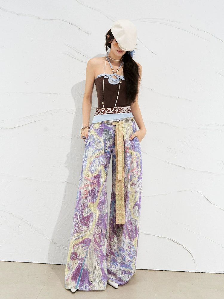 Vintage Floral Velvet Wide Leg Pants