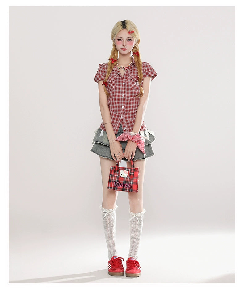 Layered Denim Mini Skirt with Ribbon Ties