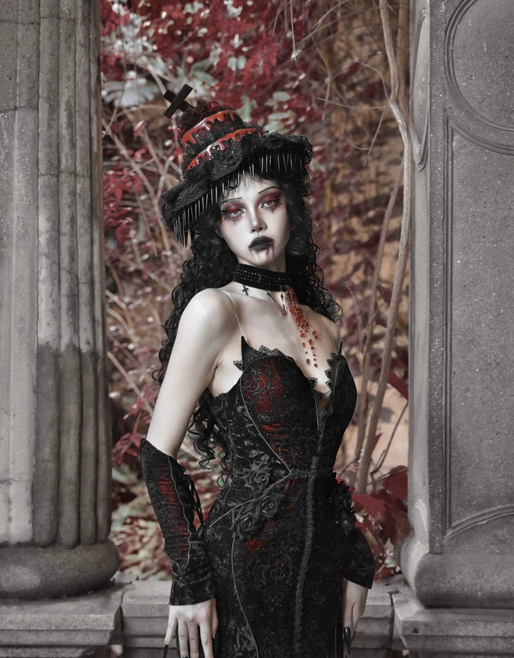 Gothic Black and Red Lace Mermaid Gown