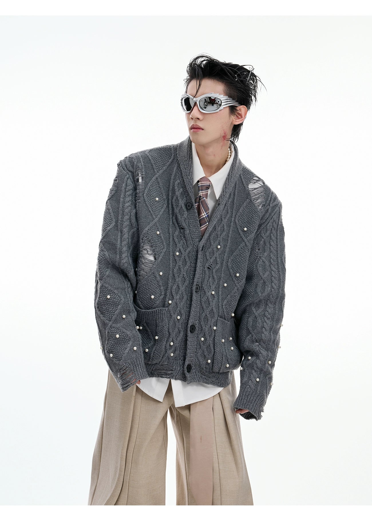 Distressed Pearl Embellished Knit Cardigan