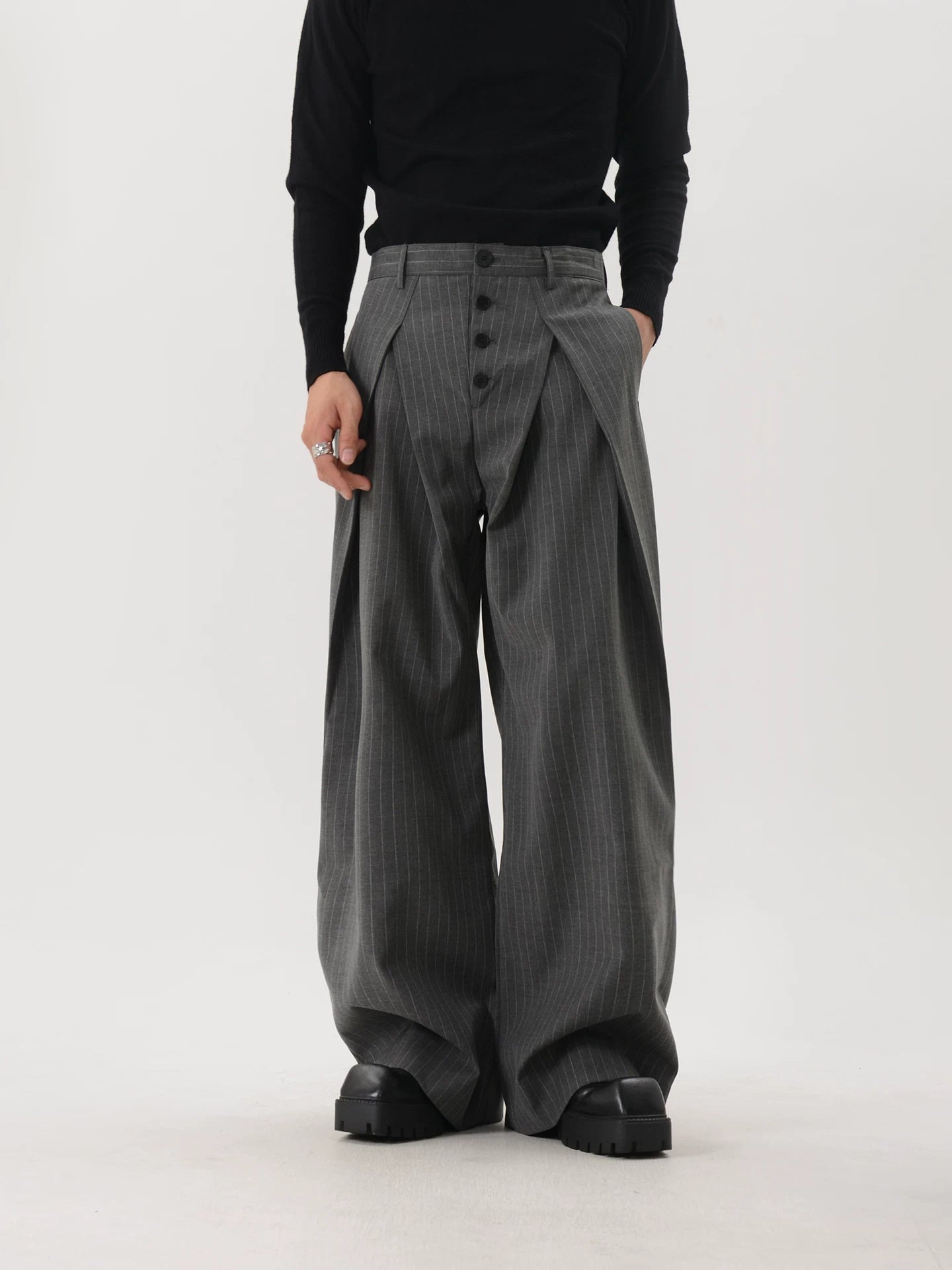 Pinstripe Button-Front Double-Pleated Ultra-Wide Leg Trousers