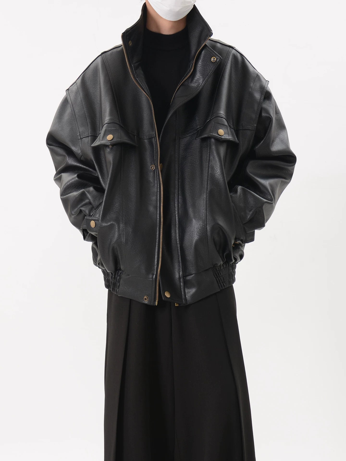 Black Oversized Faux Leather Utility Bomber Jacket