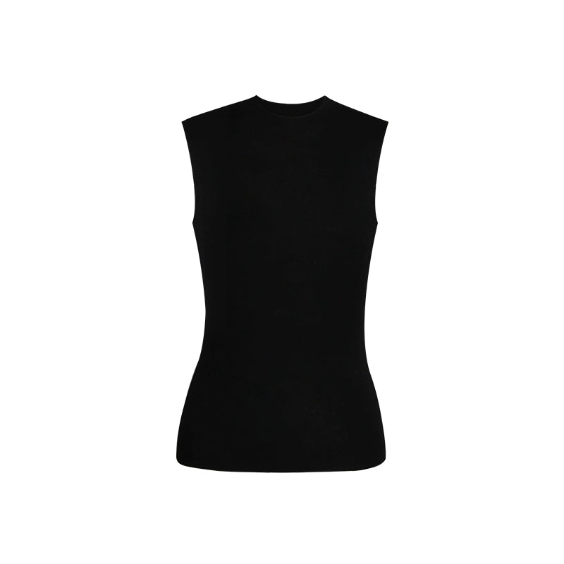 French Semi-High Neck Wool Knit Seamless Blue Tank Top - chiclara