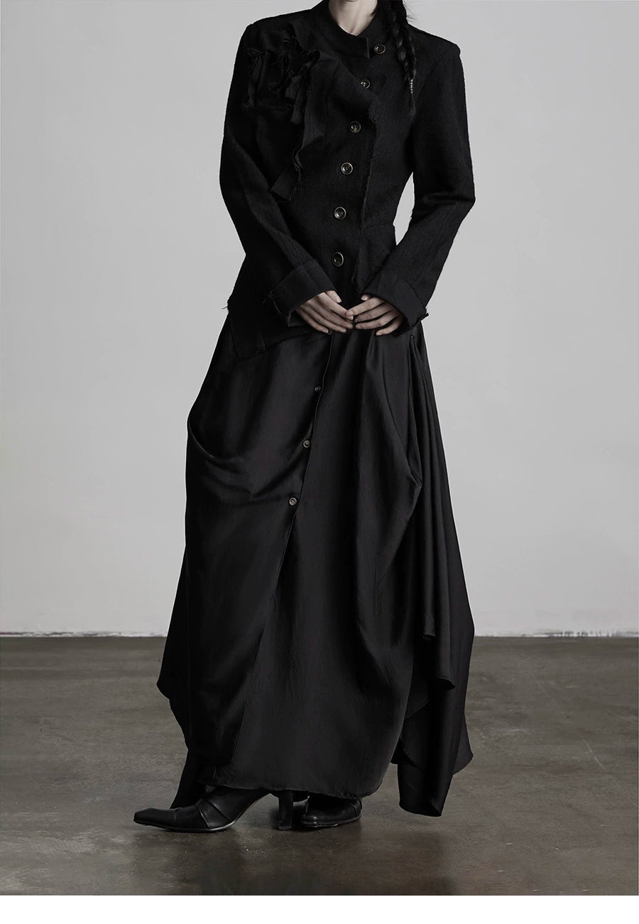Buttoned Patchwork Black Irregular Skirt