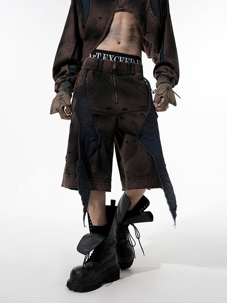 Deconstructed Patchwork Denim Sweatshirt Tank Top and Pants Setup