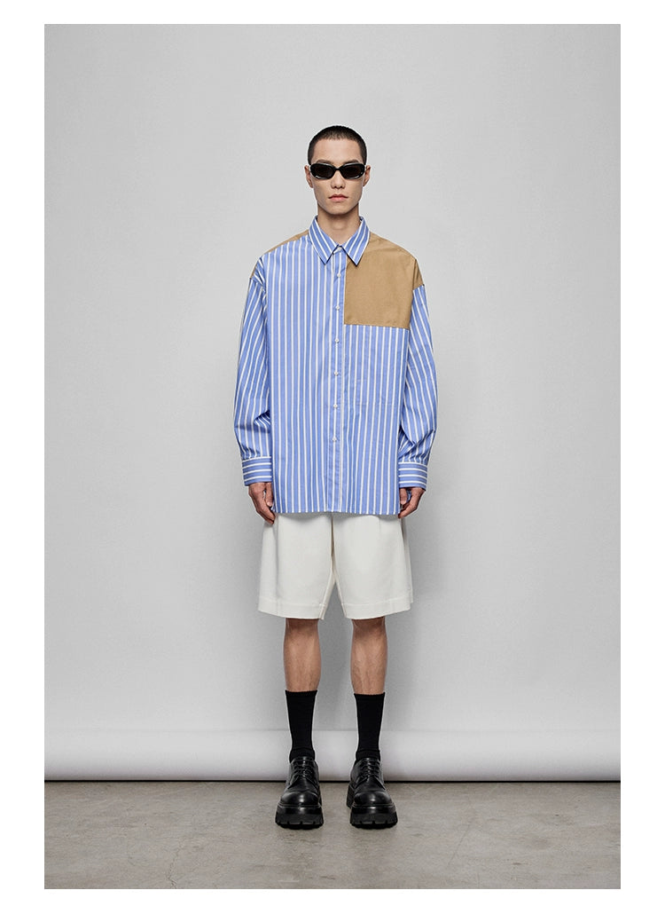Color-Block Patchwork Pocket Oversized Shirt