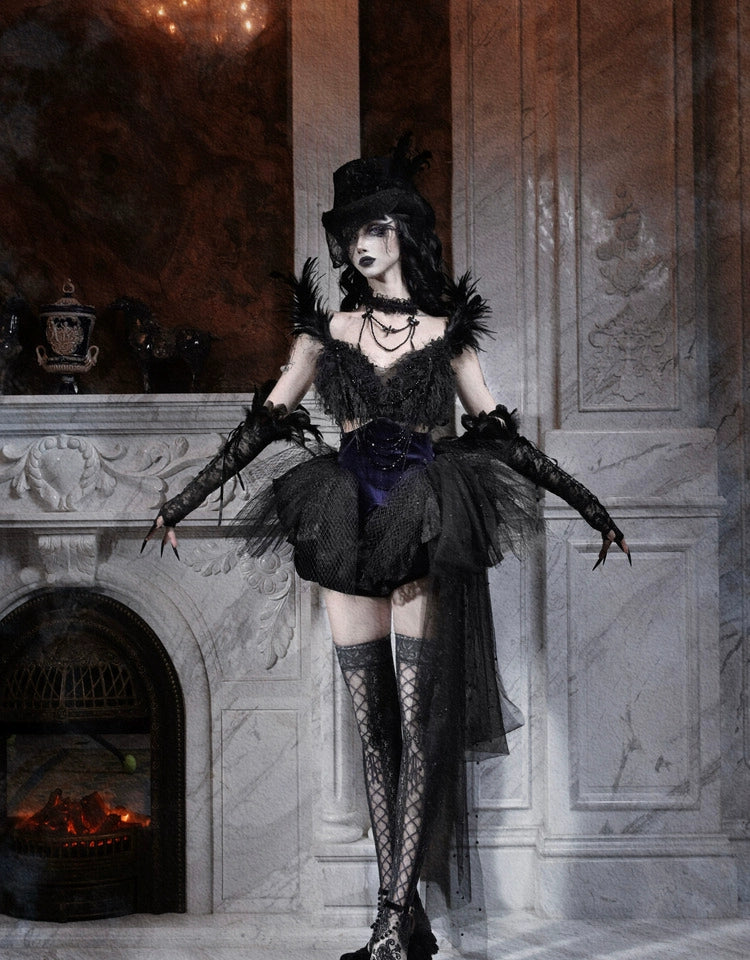 Gothic Black Swan Feather Tulle Corset Top