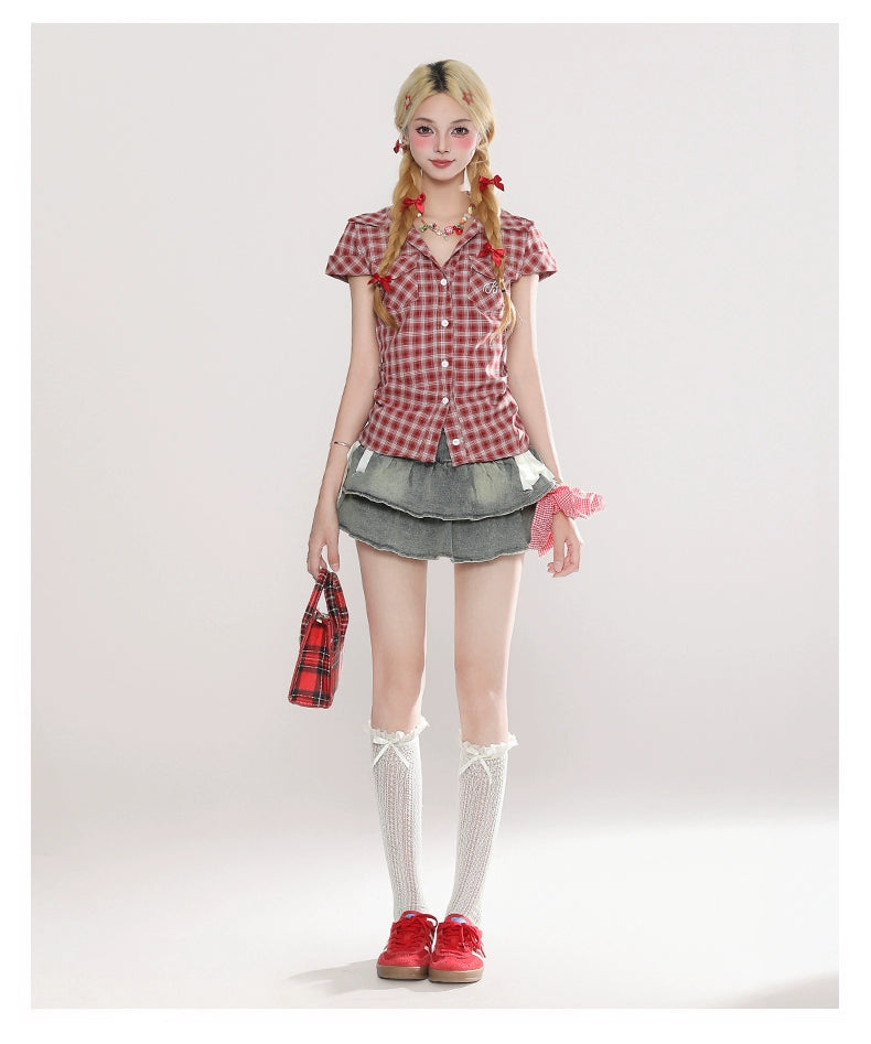 Layered Denim Mini Skirt with Ribbon Ties
