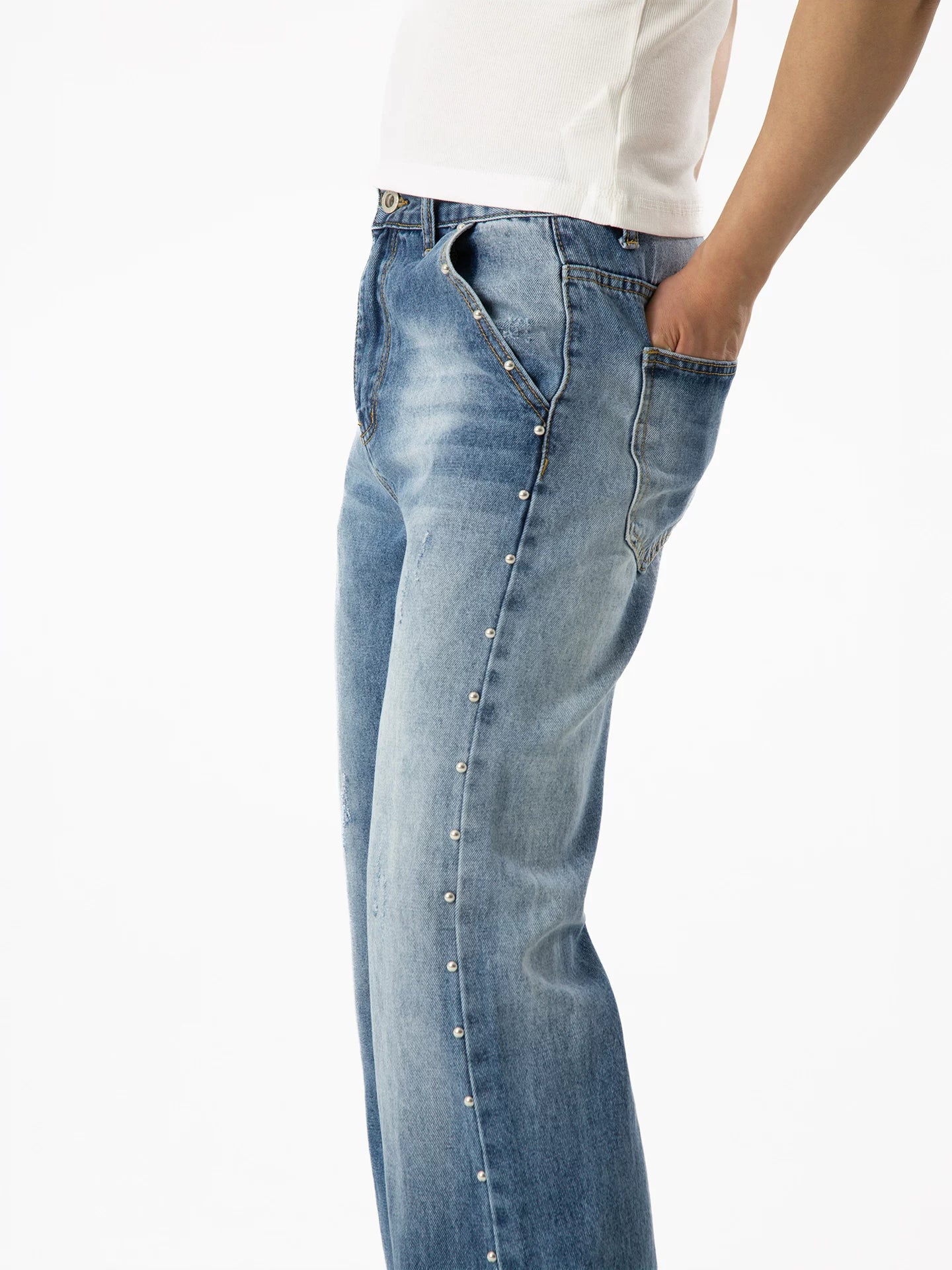 Side-Stitched Studded Flare Denim