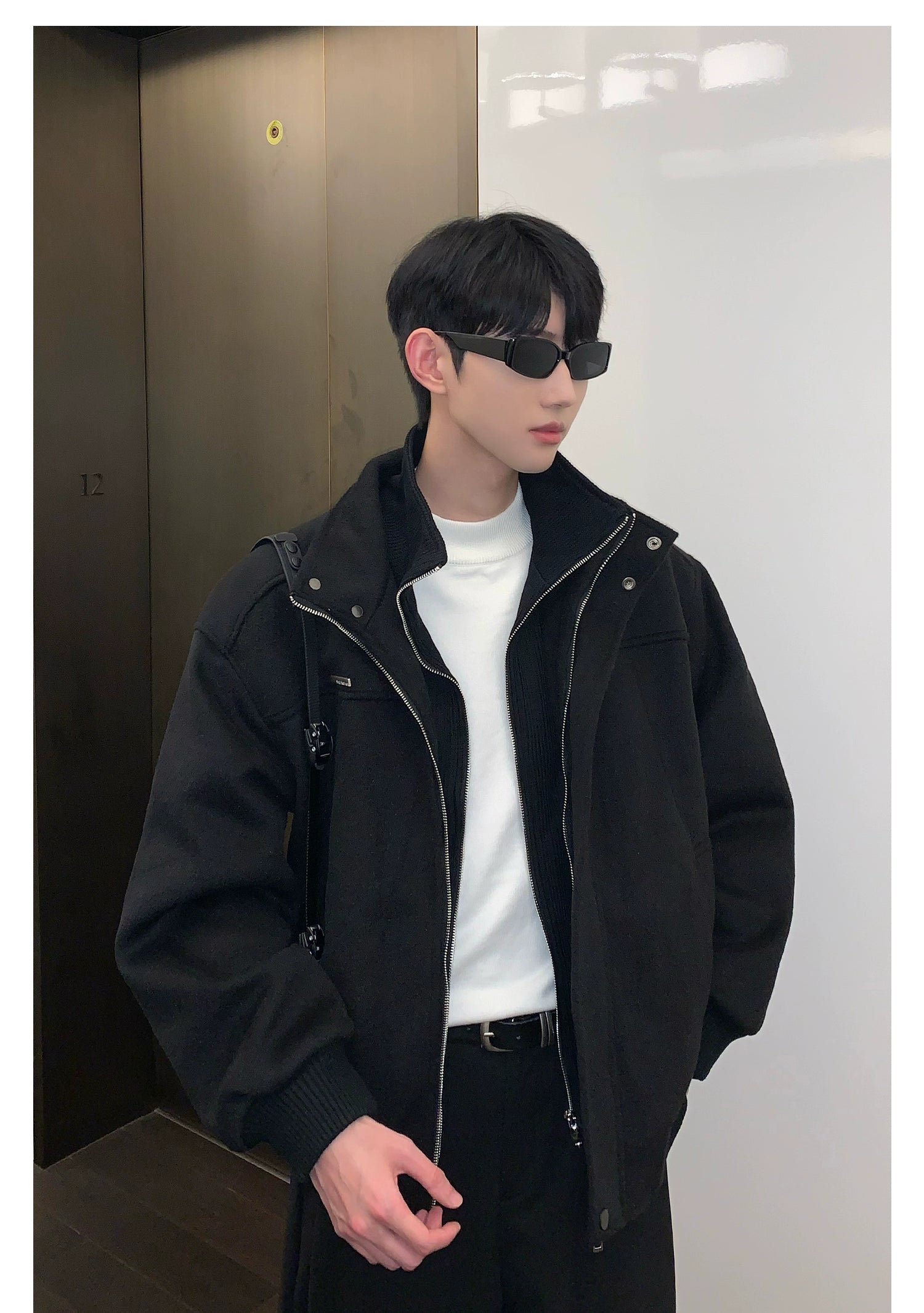 Bomber Jacket with Stand Collar and Ribbed Cuffs