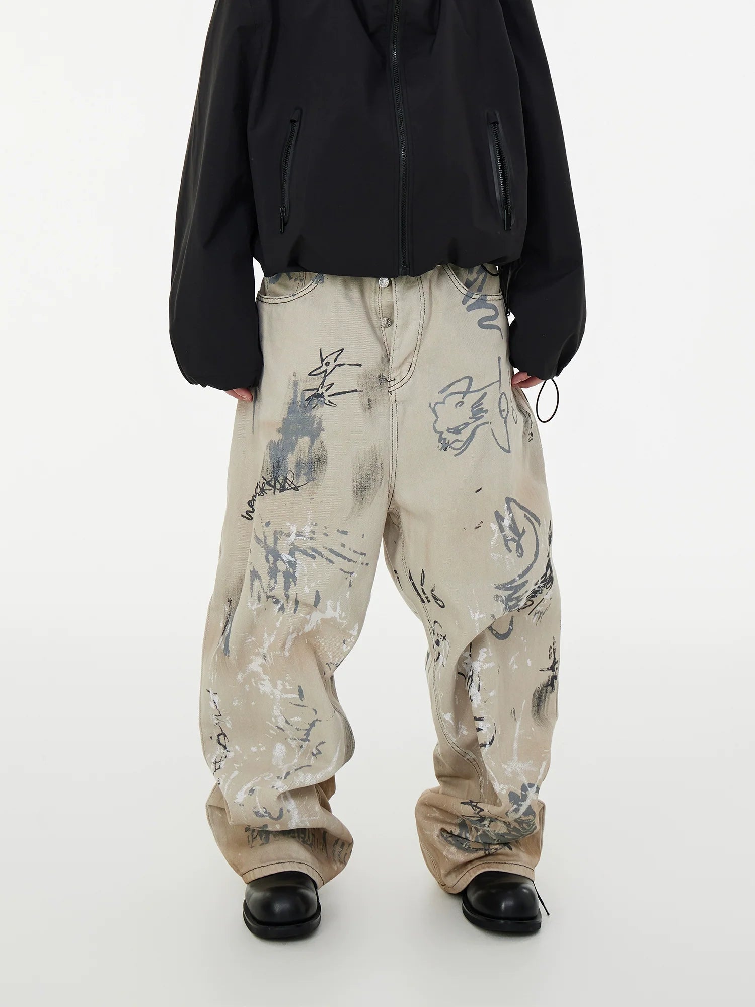 Beige Graffiti Print Wide-Leg Jeans