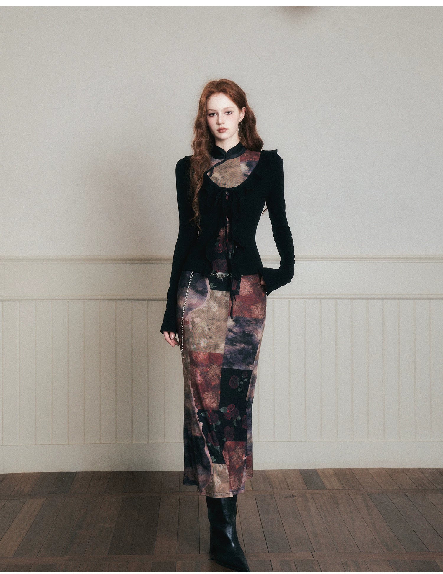 Vintage Noir Patchwork Cheongsam Maxi Dress