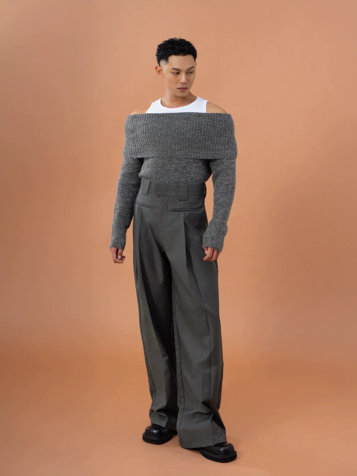 Slate Slouch Off-Shoulder Knit Pullover