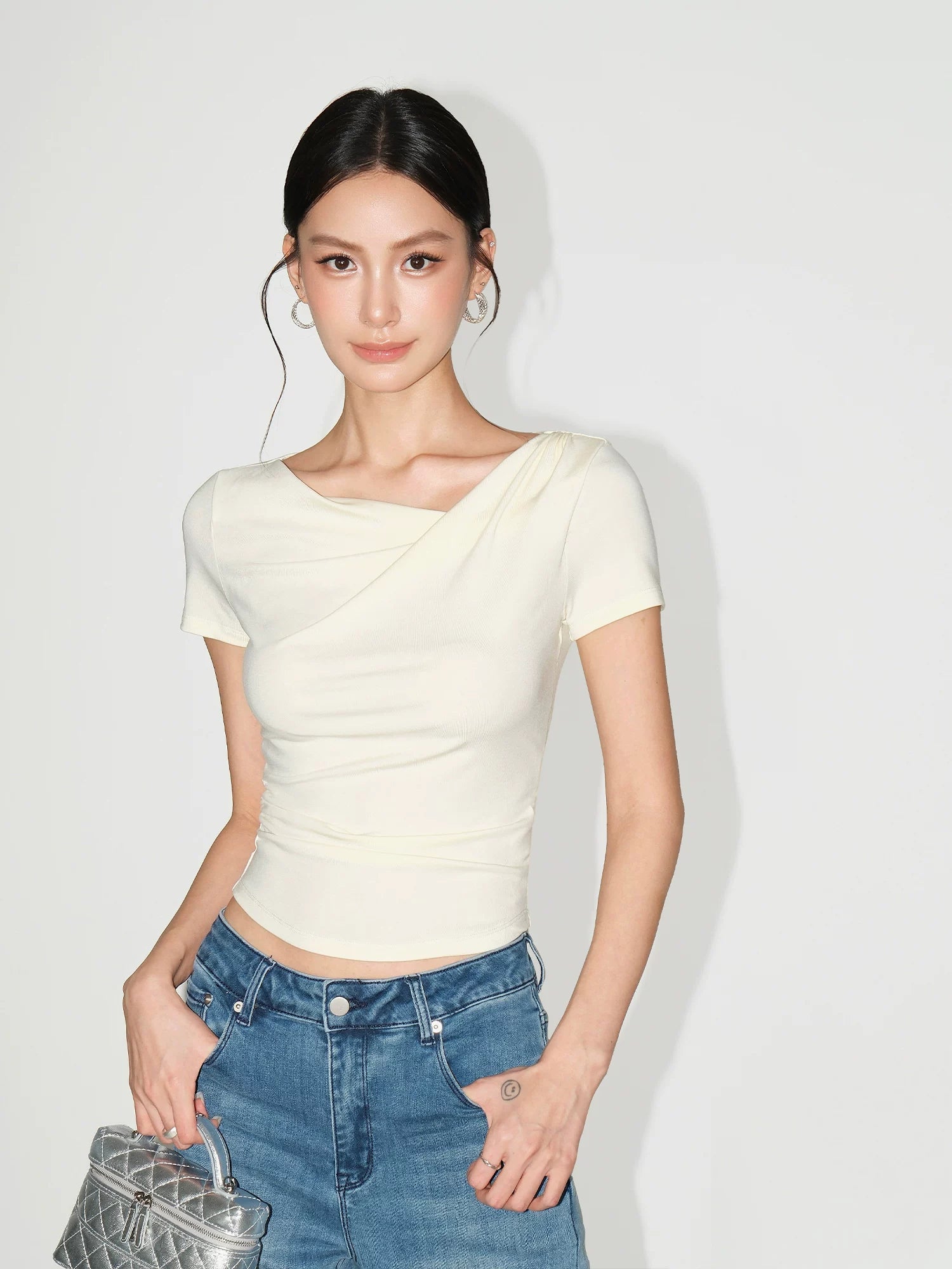 Asymmetric Off Shoulder Ruched Top