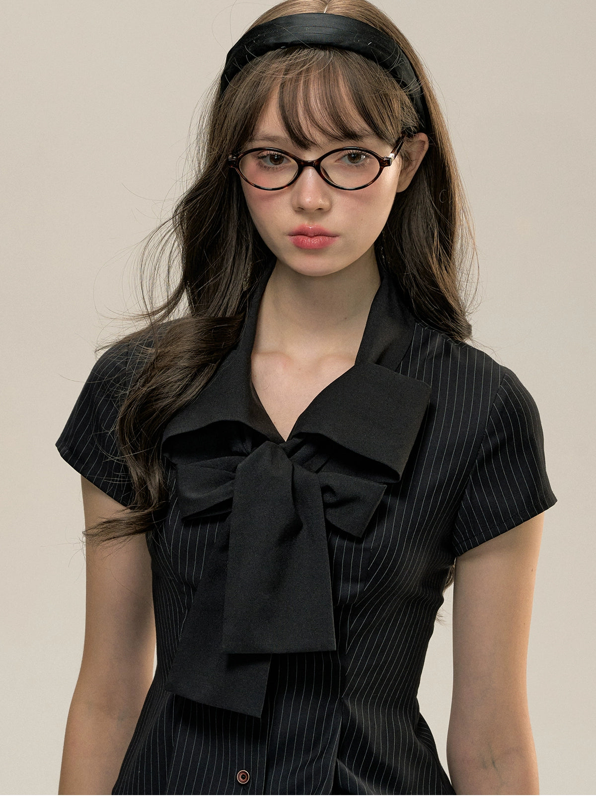Black Pinstripe Bow Office Two Piece Set
