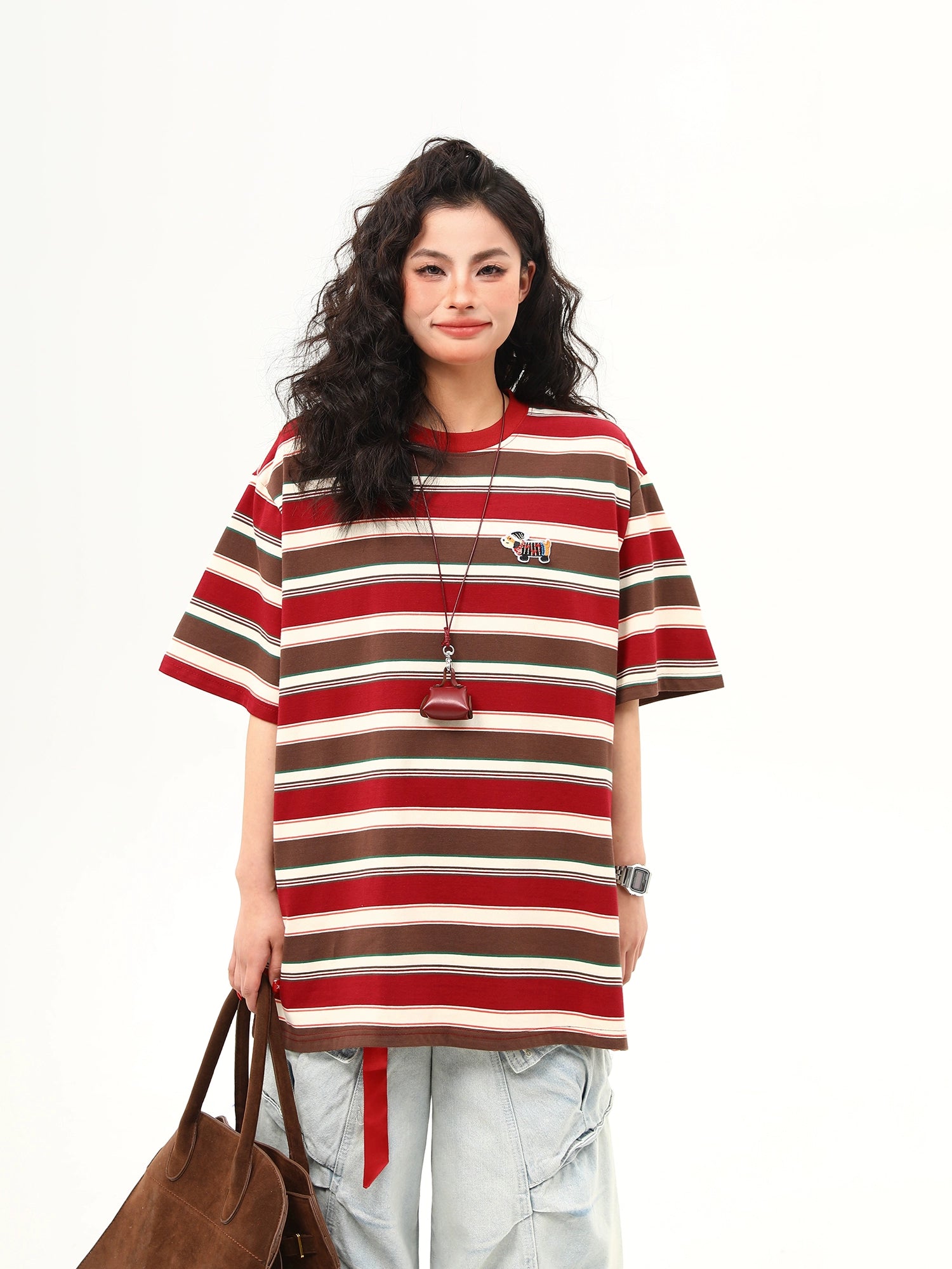 Brown and Red Striped Oversized Tee