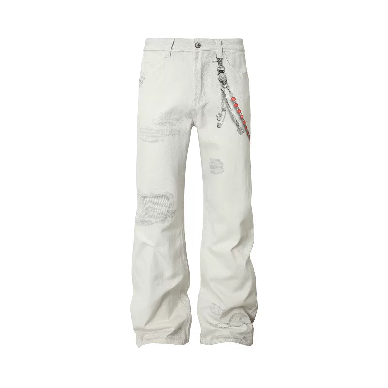 Chain Print Distressed Wide Leg Jeans