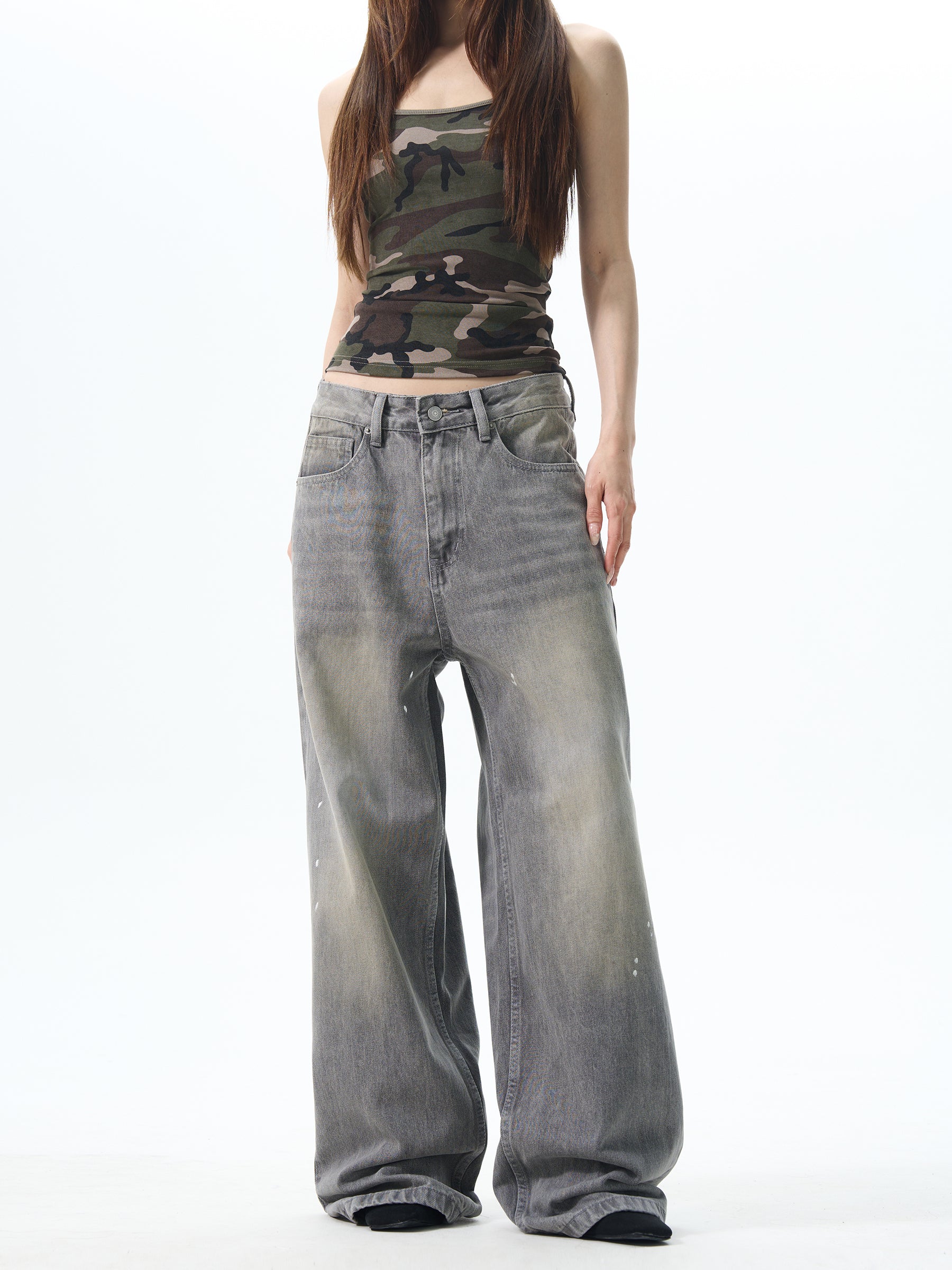 Gray Washed Wide Leg Jeans