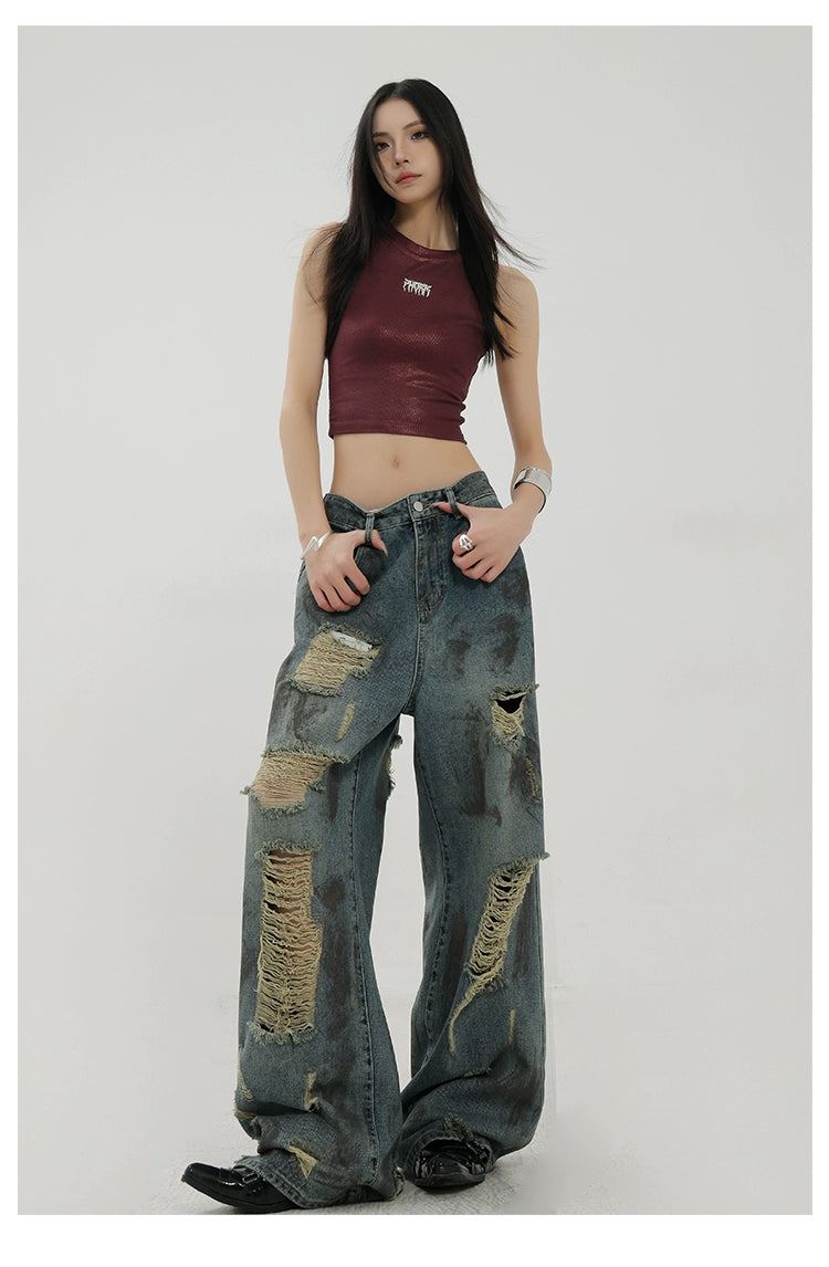 Retro Tie-Dye Distressed Wide-Leg Jeans With Washed Effect And Draping Fit - chiclara