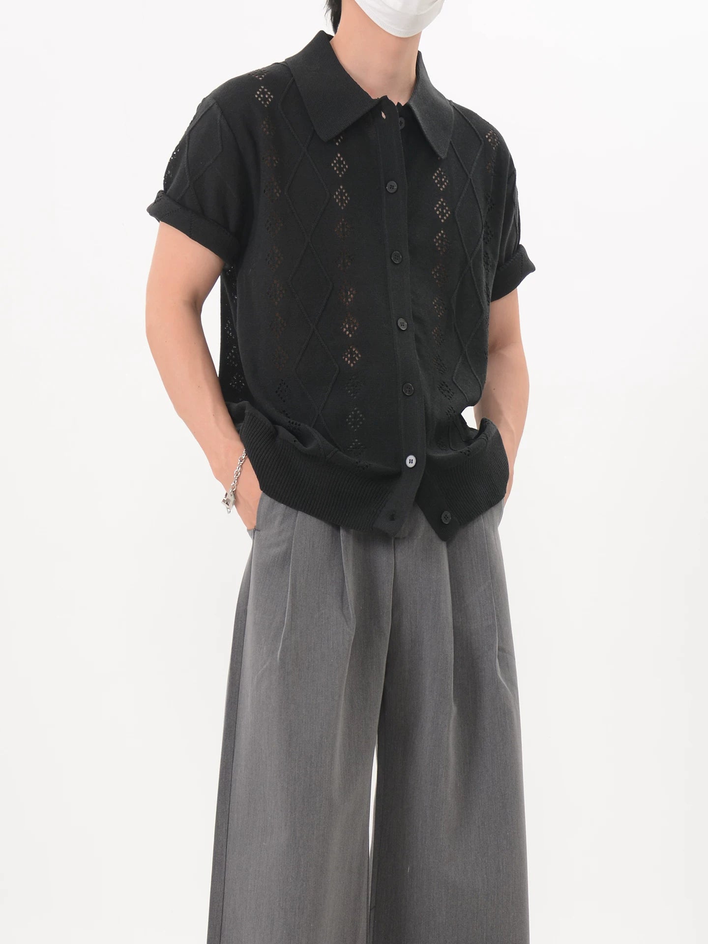 Lattice Knit Polo Cardigan