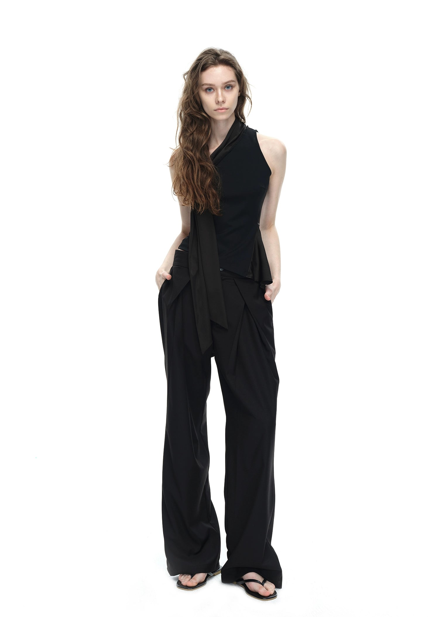 Black Asymmetrical Halter Top with Side Tie Detail