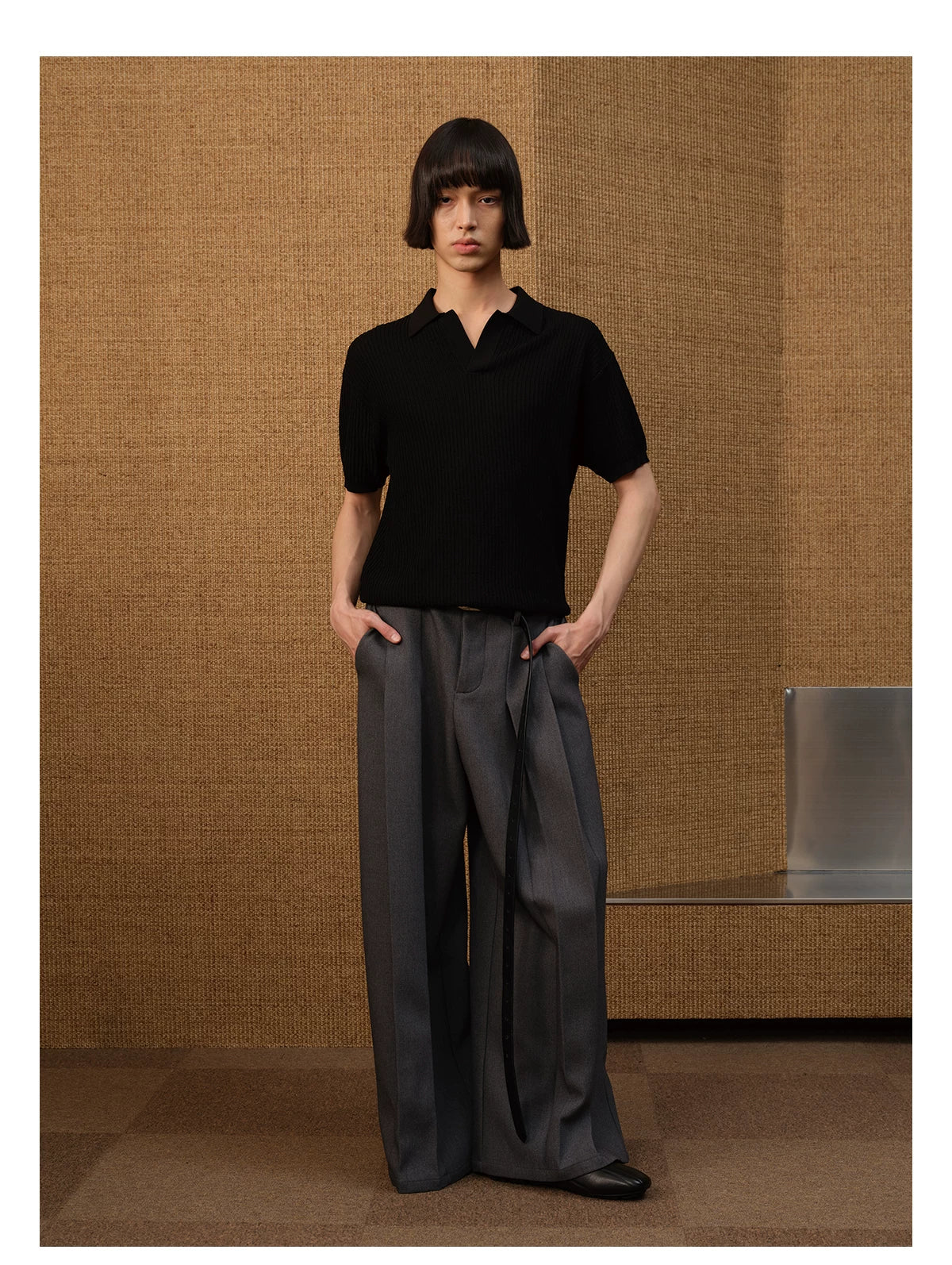 Textured Knit Open-Collar Polo Shirt
